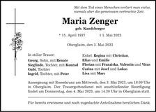 Traueranzeige Maria Zenger