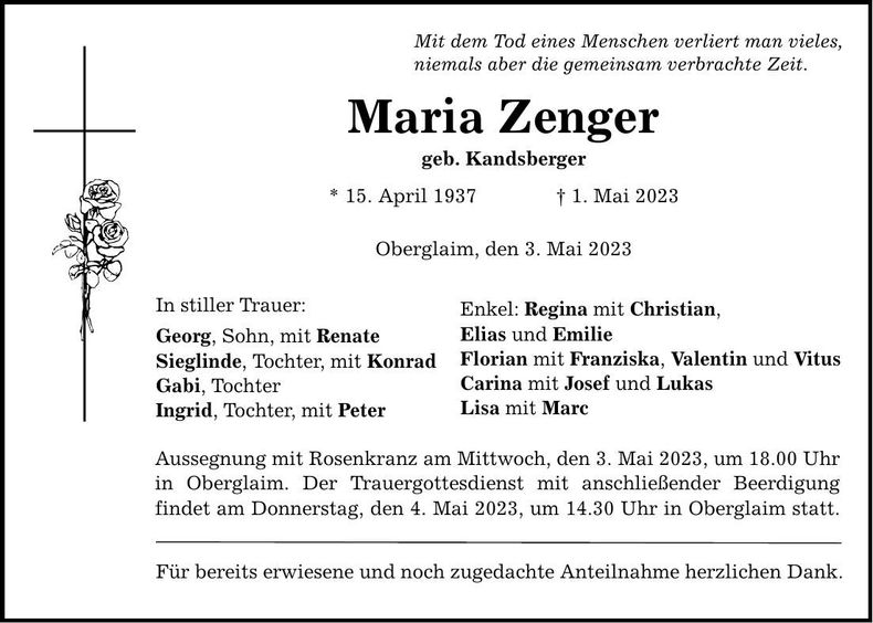 Traueranzeige Maria Zenger