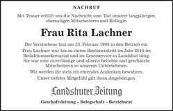 Traueranzeige Rita Lachner