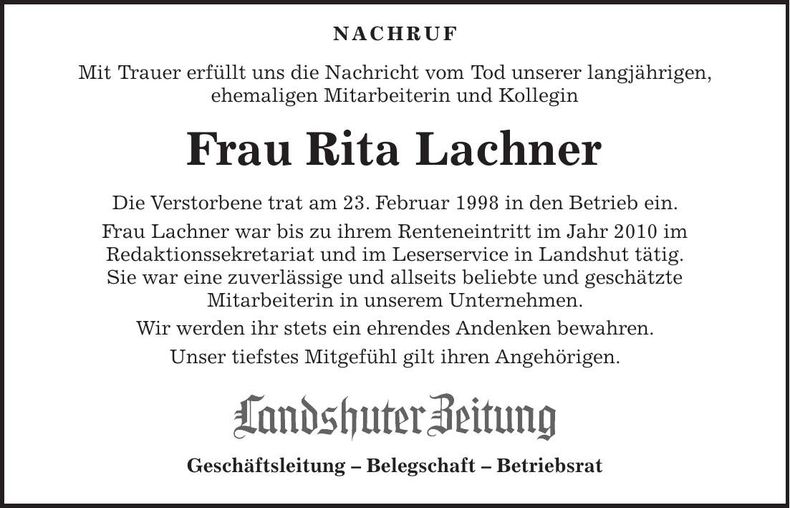 Traueranzeige Rita Lachner