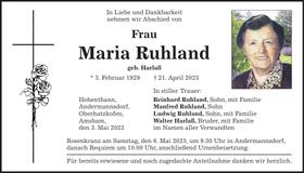 Traueranzeige Maria Ruhland