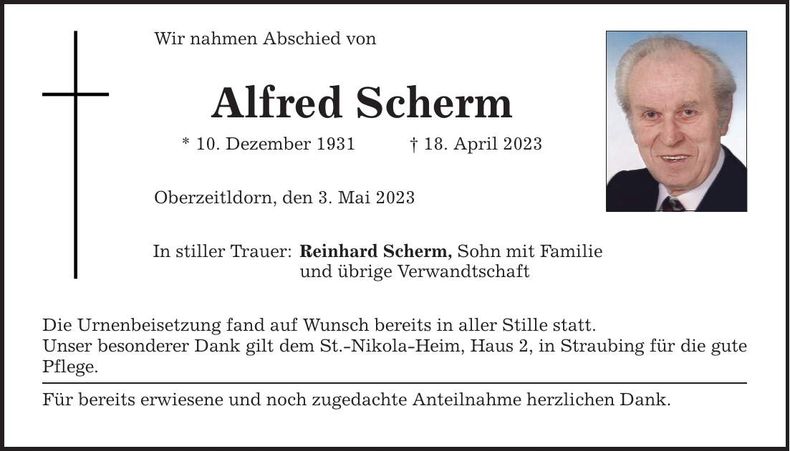 Traueranzeige Alfred Scherm