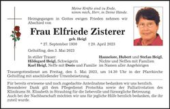 Traueranzeige Elfriede Zisterer