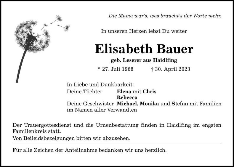 Traueranzeige Elisabeth Bauer