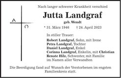 Traueranzeige Jutta Landgraf