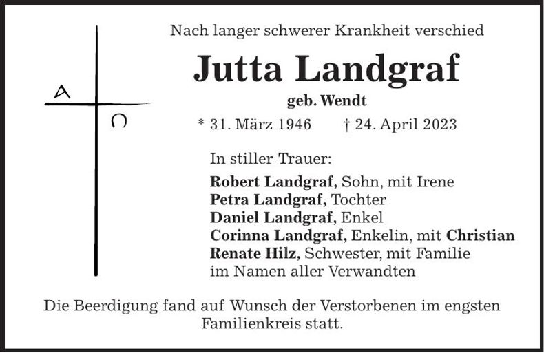 Traueranzeige Jutta Landgraf