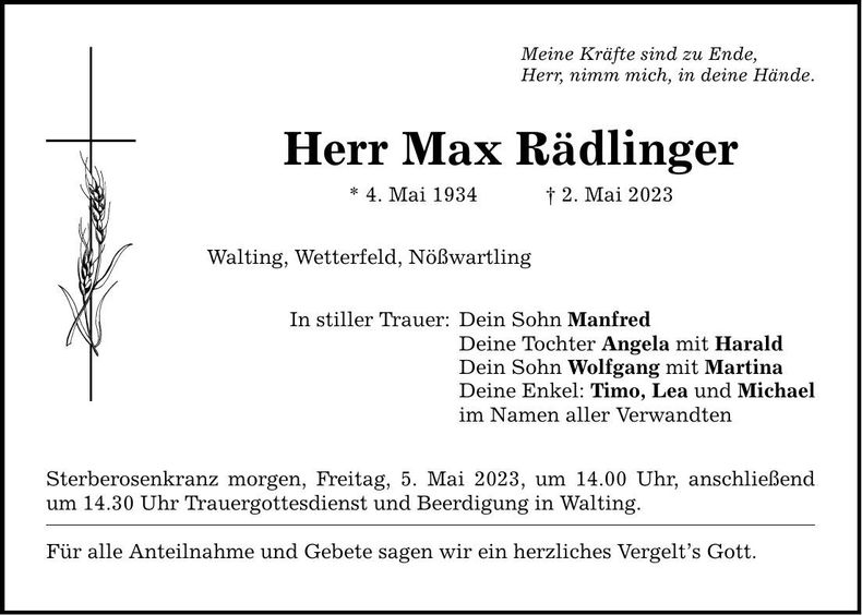 Traueranzeige Max Rädlinger