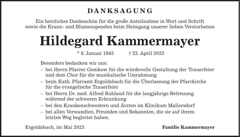 Traueranzeige Hildegard Kammermayer