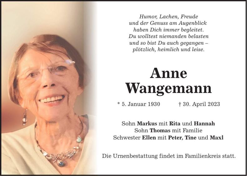 Traueranzeige Anne Wangemann
