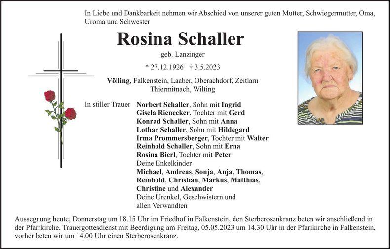 Traueranzeige Rosina Schaller