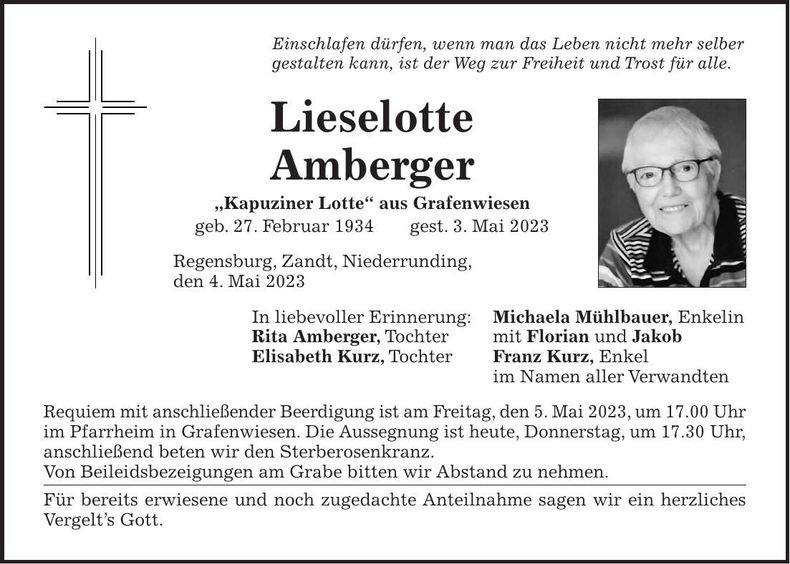 Traueranzeige Lieselotte Amberger
