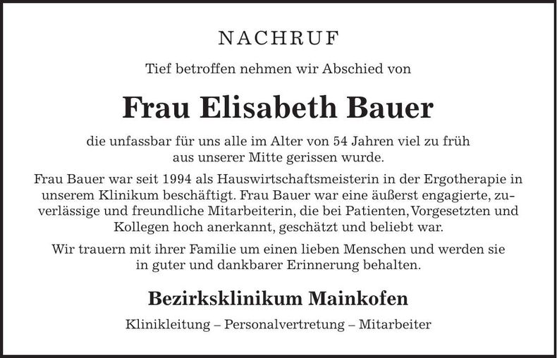 Traueranzeige Elisabeth Bauer