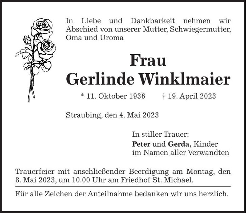 Traueranzeige Gerda Winklmaier