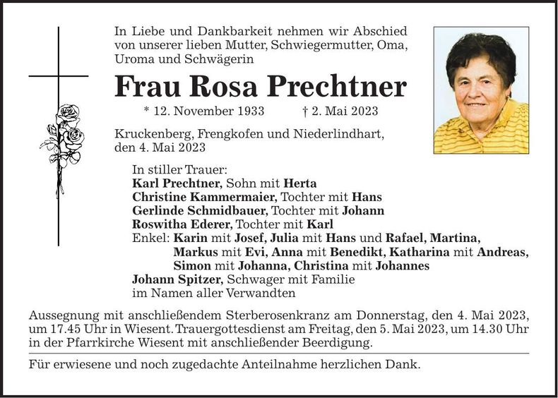 Traueranzeige Rosa Prechtner