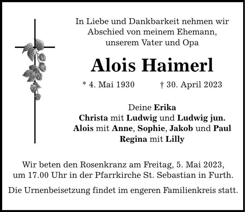 Traueranzeige Alois Haimerl