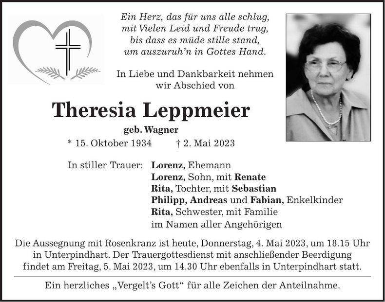 Traueranzeige Theresia Leppmeier