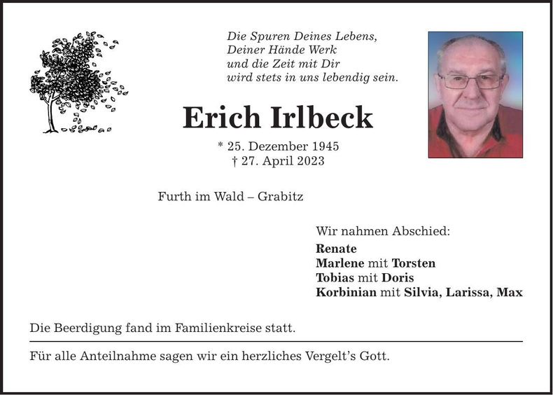 Traueranzeige Erich Irlbeck