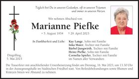 Traueranzeige Marianne Piefke
