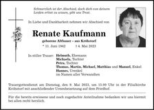 Traueranzeige Renate Kaufmann