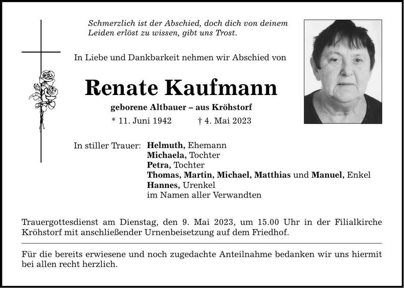 Traueranzeige Renate Kaufmann
