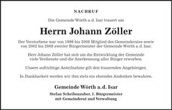 Traueranzeige Johann Zöller