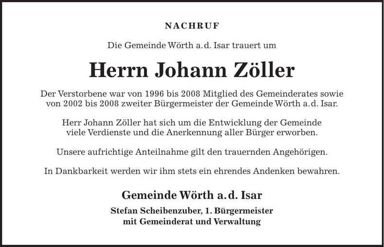 Traueranzeige Johann Zöller