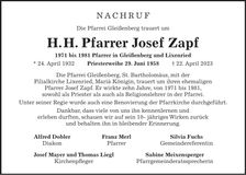 Traueranzeige Josef H.H. Pfarrer Zapf