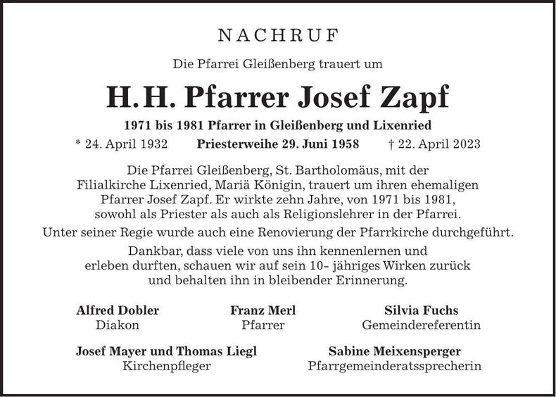 Traueranzeige Josef H.H. Pfarrer Zapf