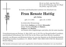 Traueranzeige Renate Hattig