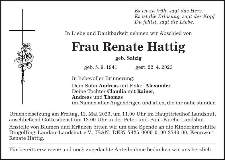 Traueranzeige Renate Hattig