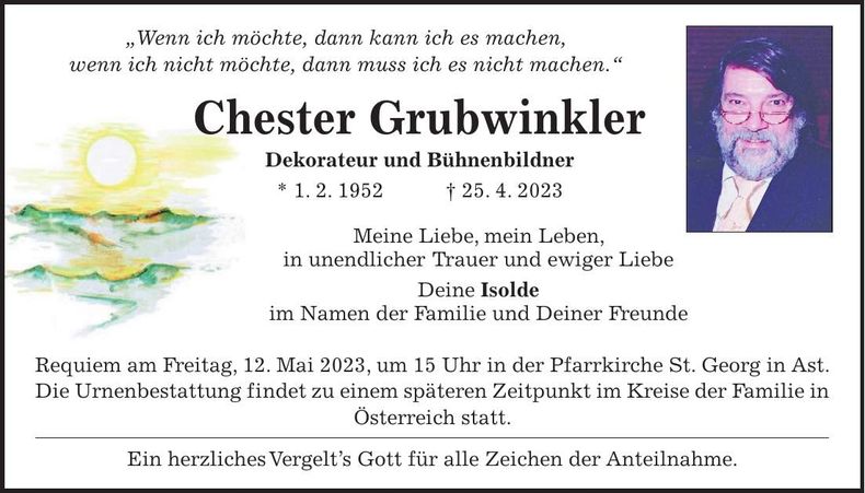 Traueranzeige Chester Grubwinkler