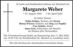 Traueranzeige Margarete Weber