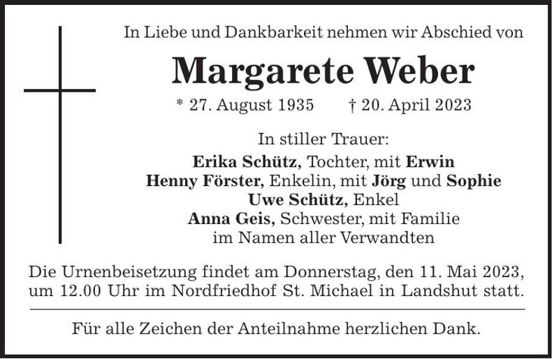 Traueranzeige Margarete Weber