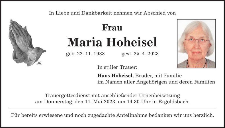 Traueranzeige Maria Hoheisel