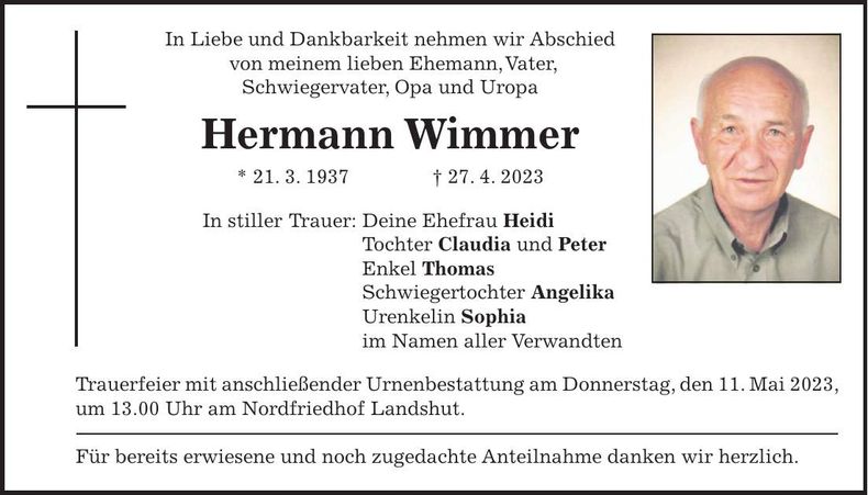 Traueranzeige Hermann Wimmer