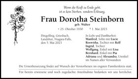 Traueranzeige Dorotha Steinborn