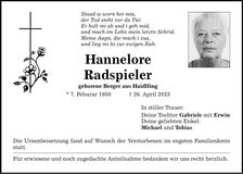 Traueranzeige Hannelore Radspieler