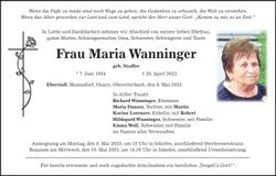 Traueranzeige Wanninger Maria