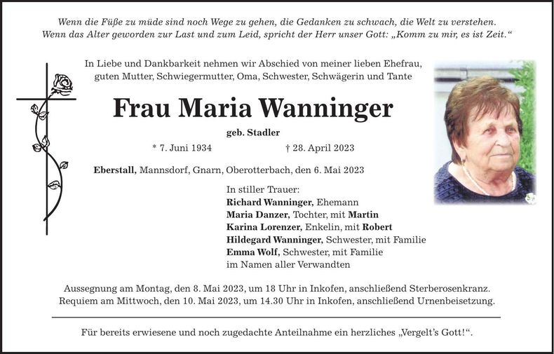 Traueranzeige Wanninger Maria