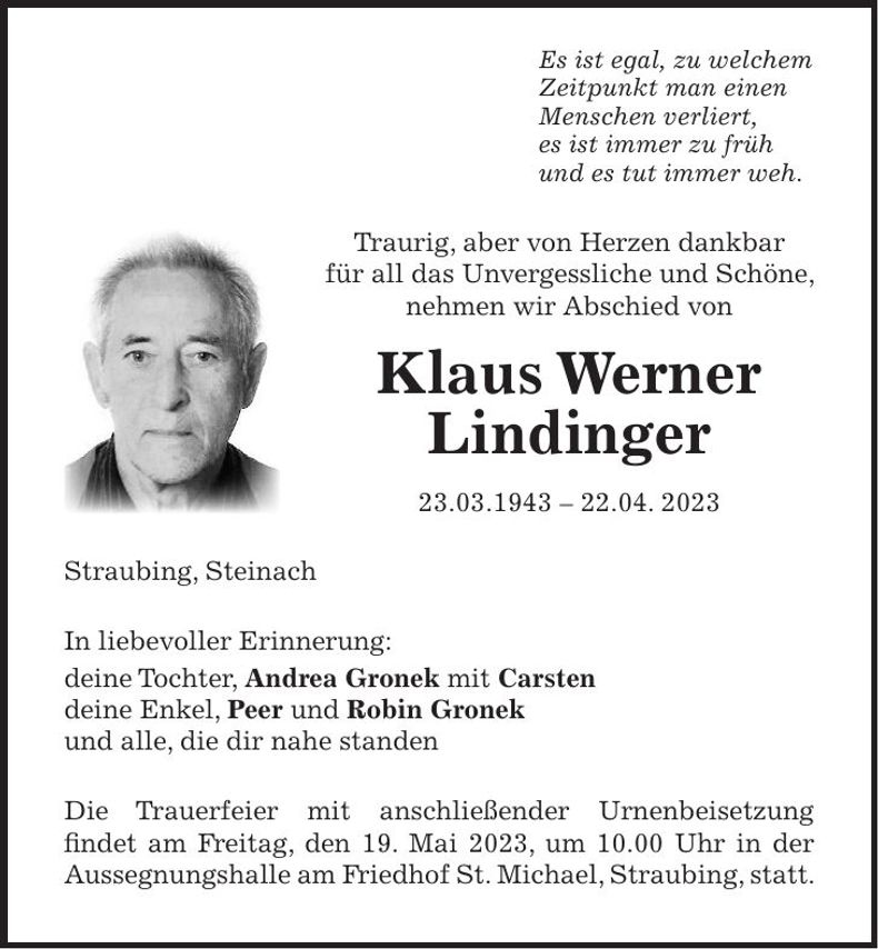 Traueranzeige Klaus Werner Lindinger