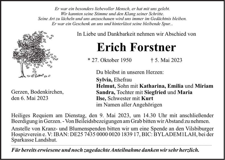 Traueranzeige Erich Forstner