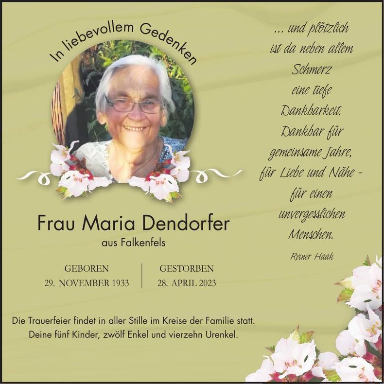 Traueranzeige Maria Dendorfer