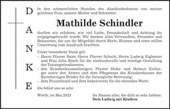 Traueranzeige Mathilde Schindler