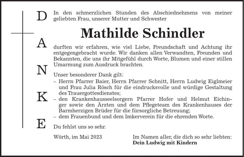 Traueranzeige Mathilde Schindler