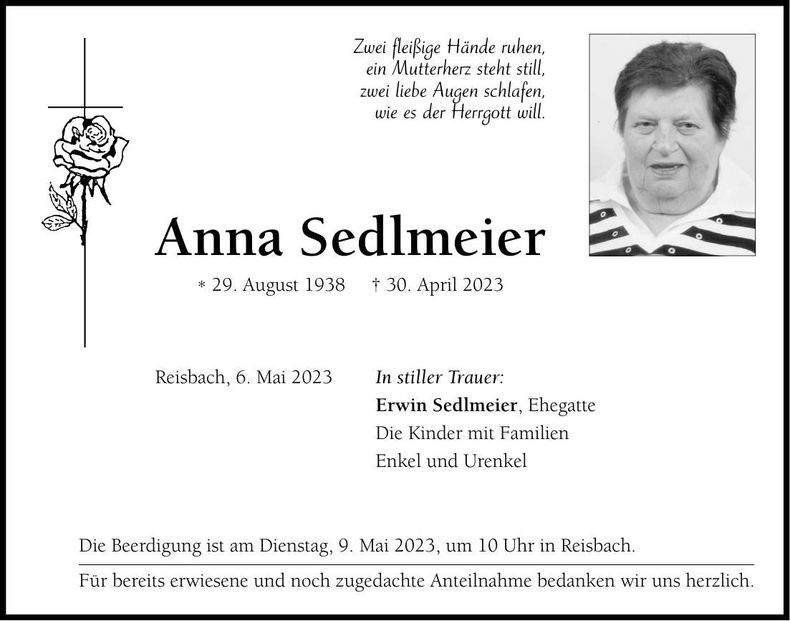 Traueranzeige Anna Sedlmeier