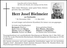 Traueranzeige Josef Bielmeier
