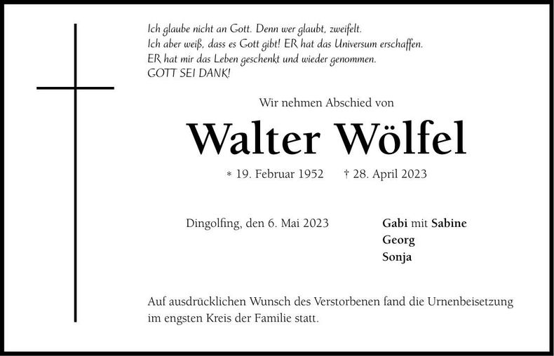 Traueranzeige Walter Wölfel