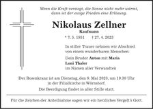 Traueranzeige Nikolaus Zellner