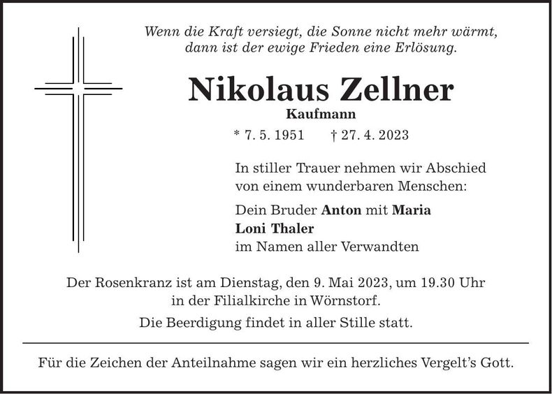 Traueranzeige Nikolaus Zellner