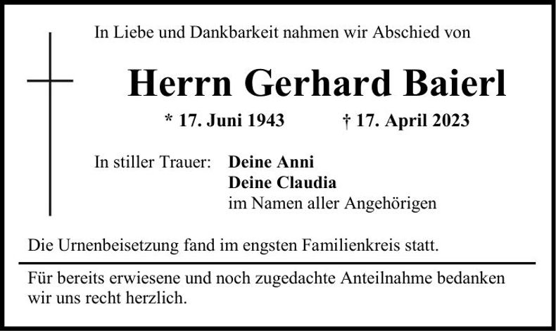 Traueranzeige Gerhard Baierl